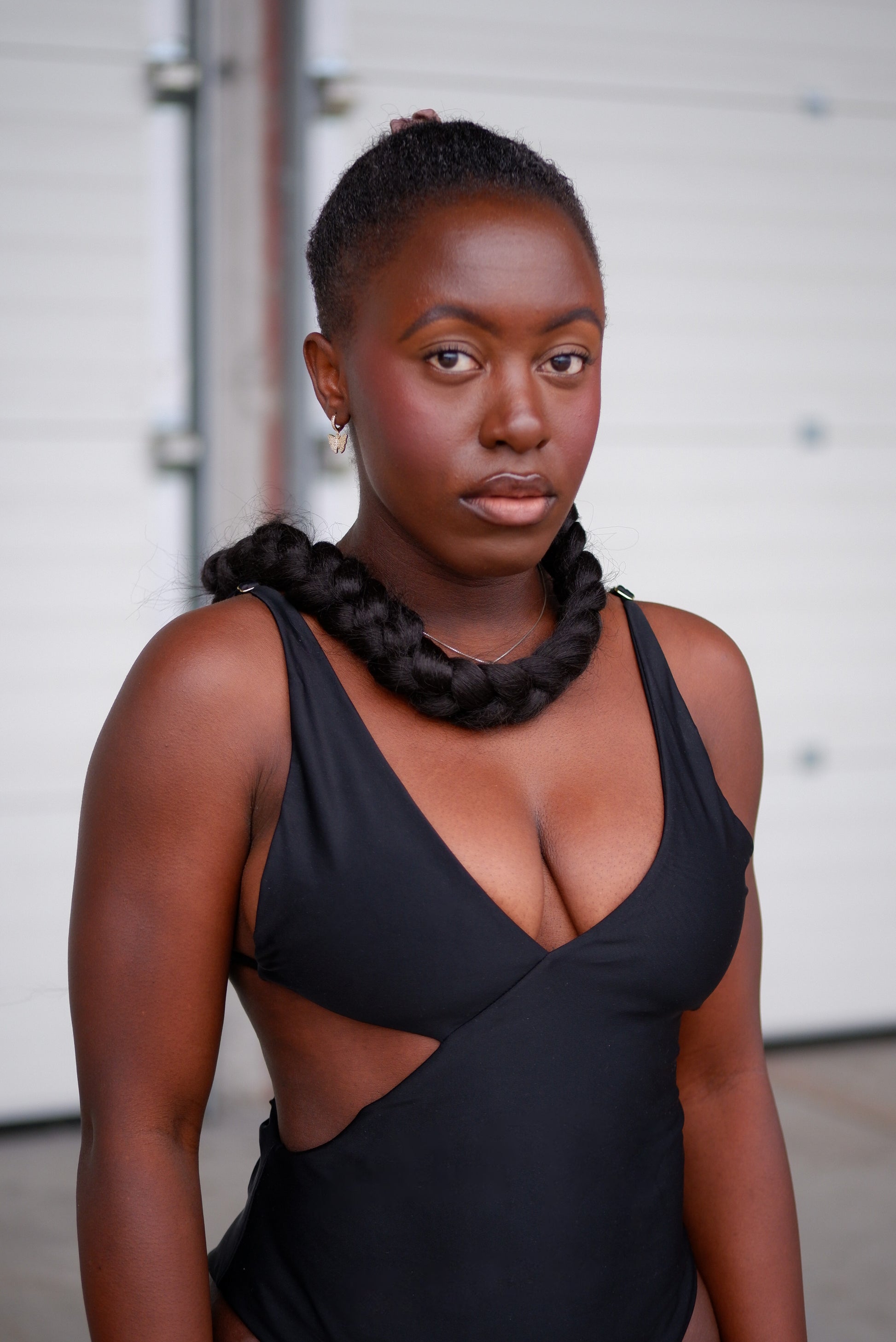 Close-up showcasing cutouts of the Kauai Black Onepiece